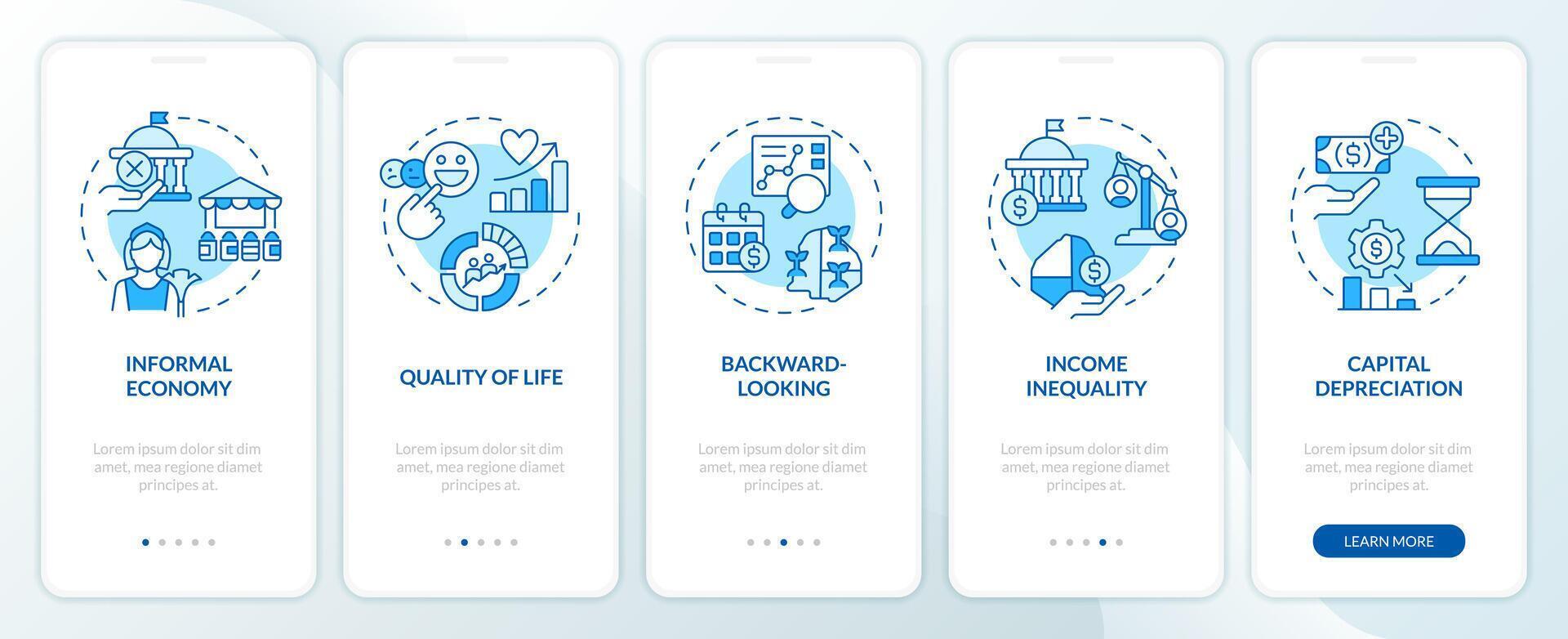 positif économique croissance bleu l'intégration mobile app filtrer. procédure pas à pas 5 pas modifiable graphique instructions avec linéaire concepts. interface utilisateur, ux, gui modèle vecteur