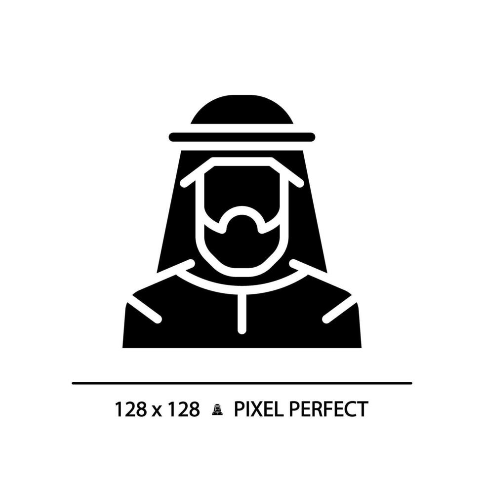 arabe kandura homme noir glyphe icône. traditionnel foulard. historique religieux vêtements. turban milieu est Masculin. silhouette symbole sur blanc espace. solide pictogramme. vecteur isolé illustration