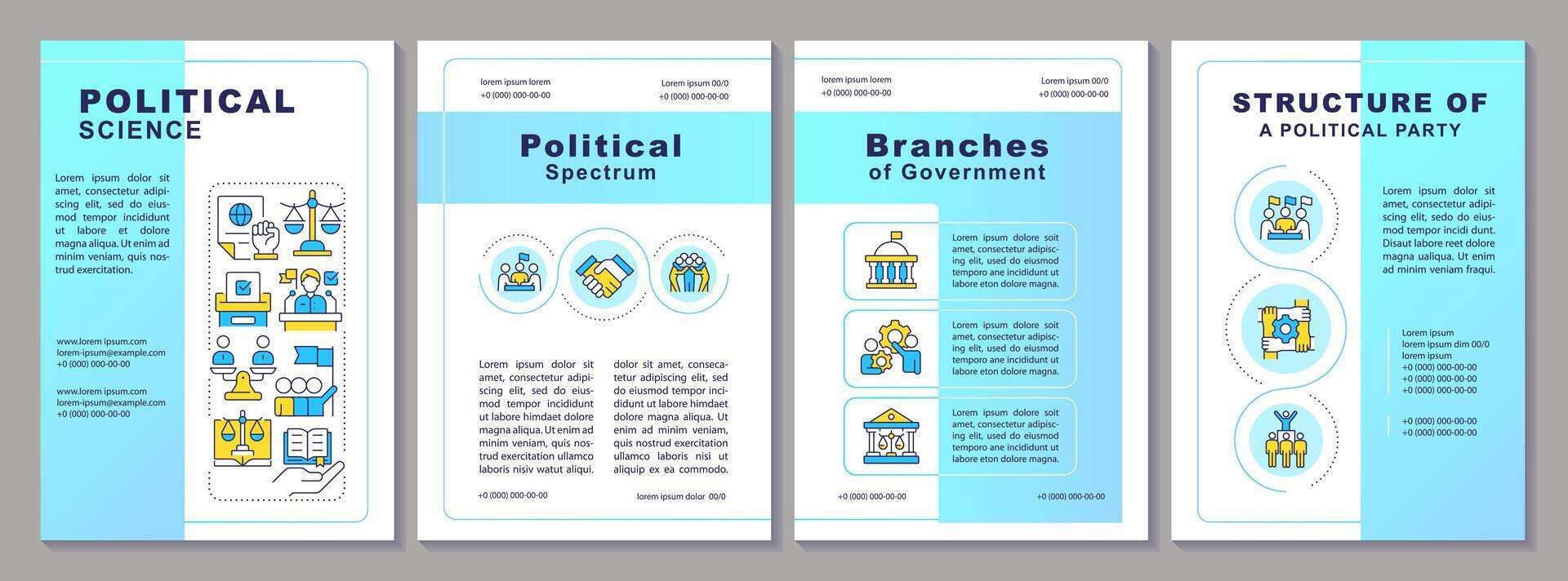 politique science bleu brochure modèle. gouvernement structure. brochure conception avec linéaire Icônes. modifiable 4 vecteur mises en page pour présentation, annuel rapports