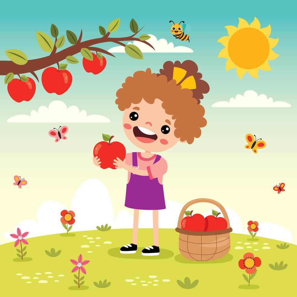 illustration de des gamins cueillette pommes vecteur