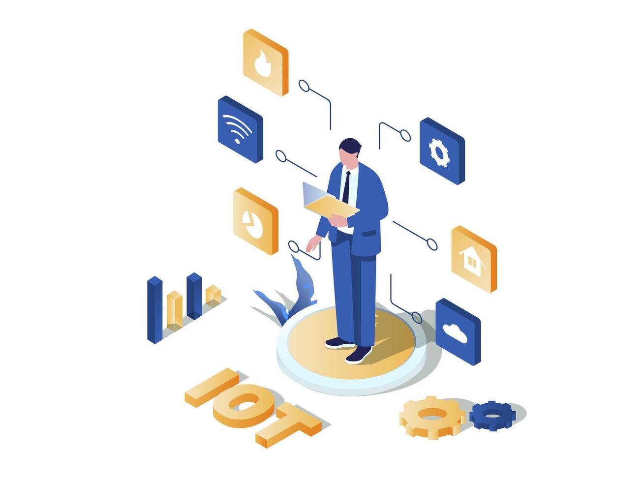 iot analytique concept 3d isométrique la toile scène. gens travail avec Les données collecté de différent iot dispositifs, en utilisant base de données et nuage En traitement données. vecteur illustration dans isométrie graphique conception