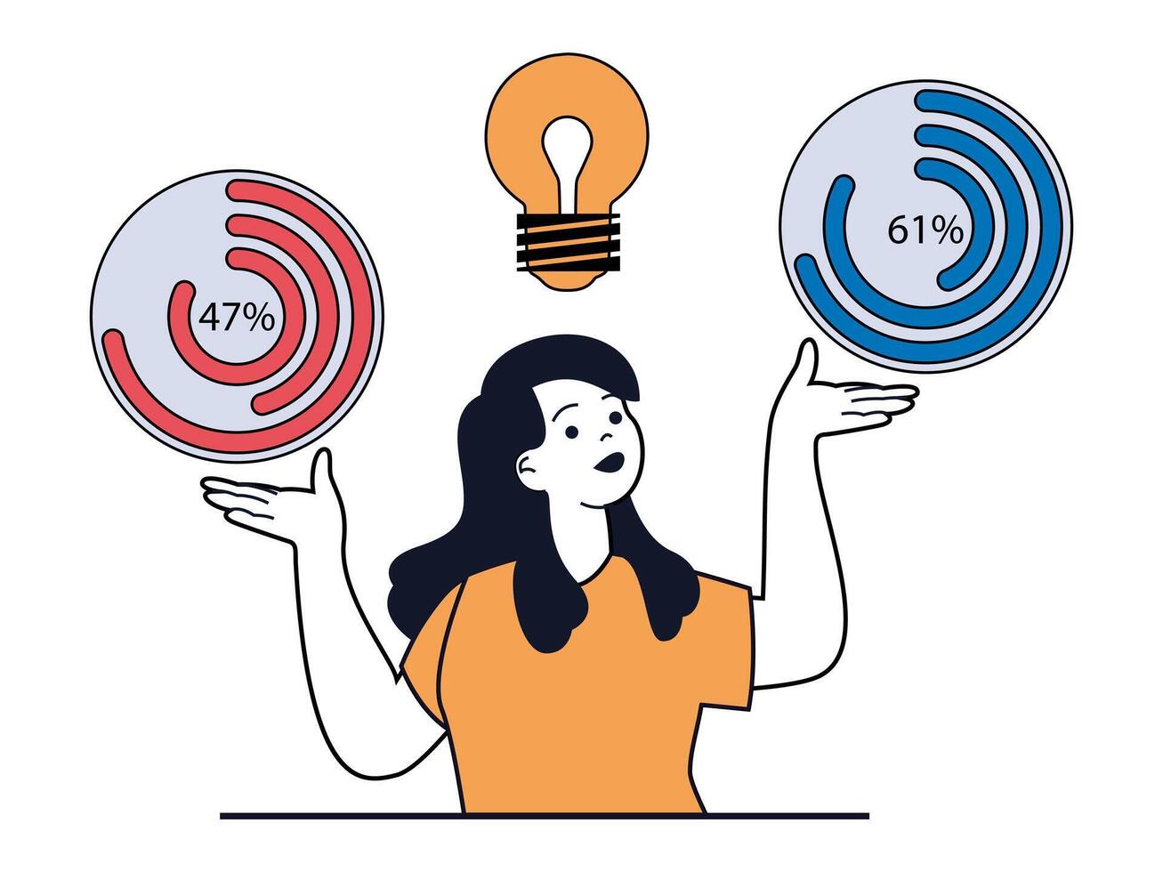 numérique affaires concept avec personnage situation. femme d'affaires génère Nouveau des idées et choisit solutions, analyses affaires électroniques données. vecteur des illustrations avec gens scène dans plat conception pour la toile