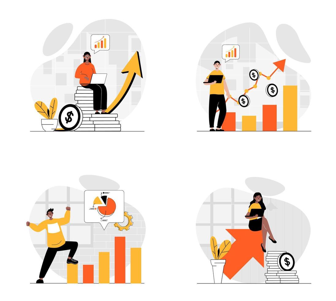 vente performance concept avec personnage ensemble. collection de scènes gens analyser financier statistiques graphique, augmenter achats nombre, revenus plus profit. vecteur des illustrations dans plat la toile conception