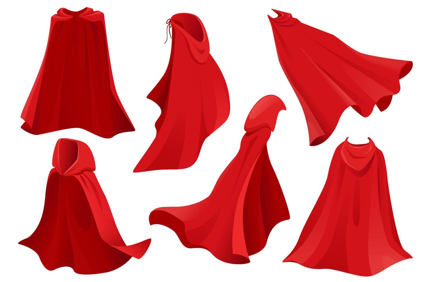 super-héros rouge cap ensemble graphique éléments dans plat conception. paquet de en tissu soie manteau dans devant, côté et retour voir, écoulement et en volant bande dessinée mascarade costume. vecteur illustration isolé objets