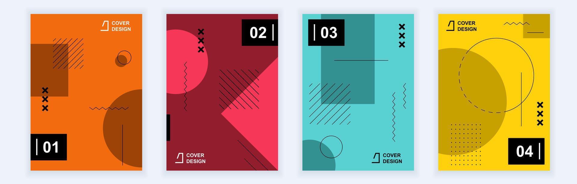 abstrait brochure couvertures ensemble dans moderne minimal géométrique conception. memphis style Contexte modèles avec différent couleurs formes et éléments modèle composition dans a4 format. vecteur illustration