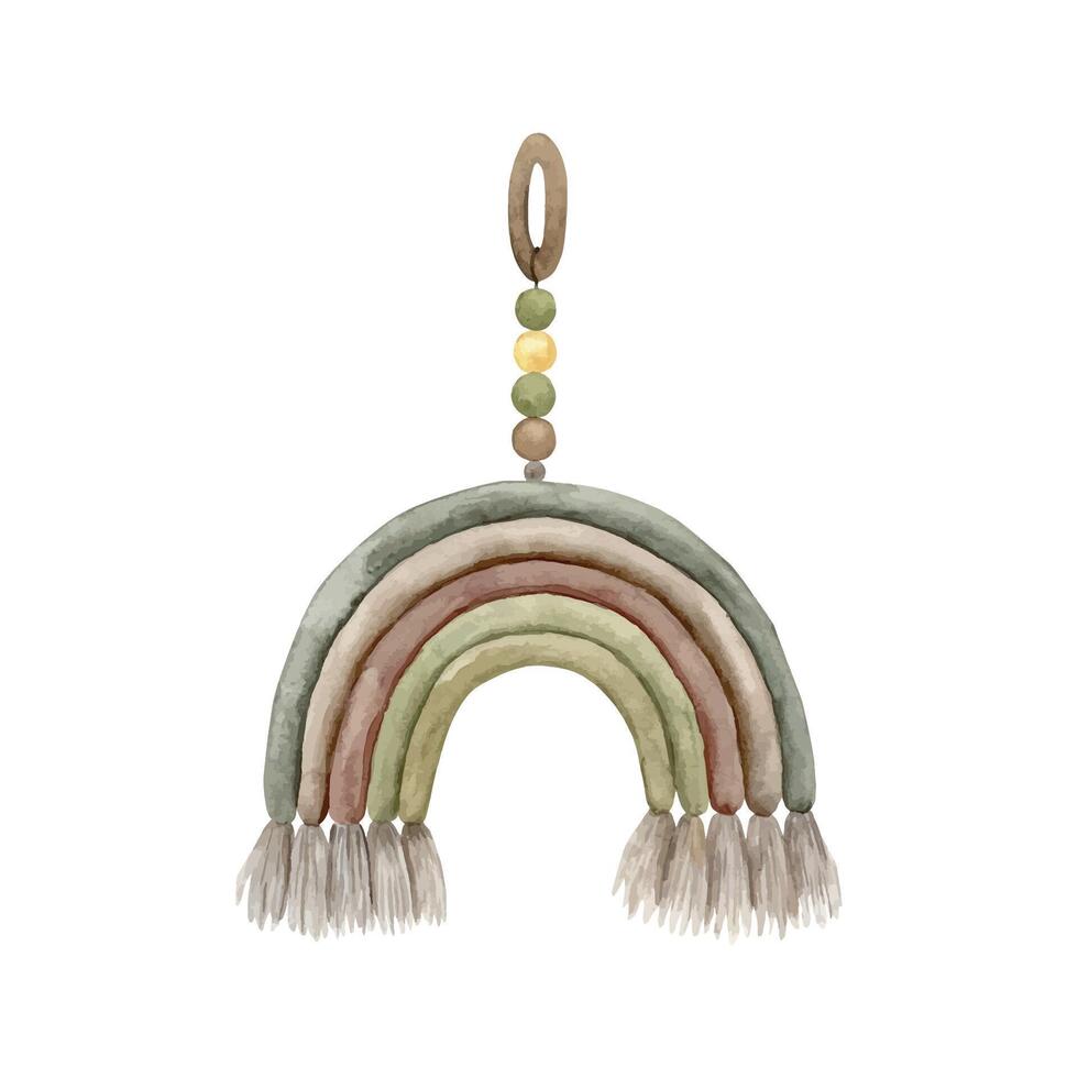 textile pendentif avec perles et une arc-en-ciel, avec gland conseils. arc en ciel dans brun, rouge, vert nuances. isolé aquarelle illustration pour enfants intérieur, cartes, autocollants, textile, conception vecteur