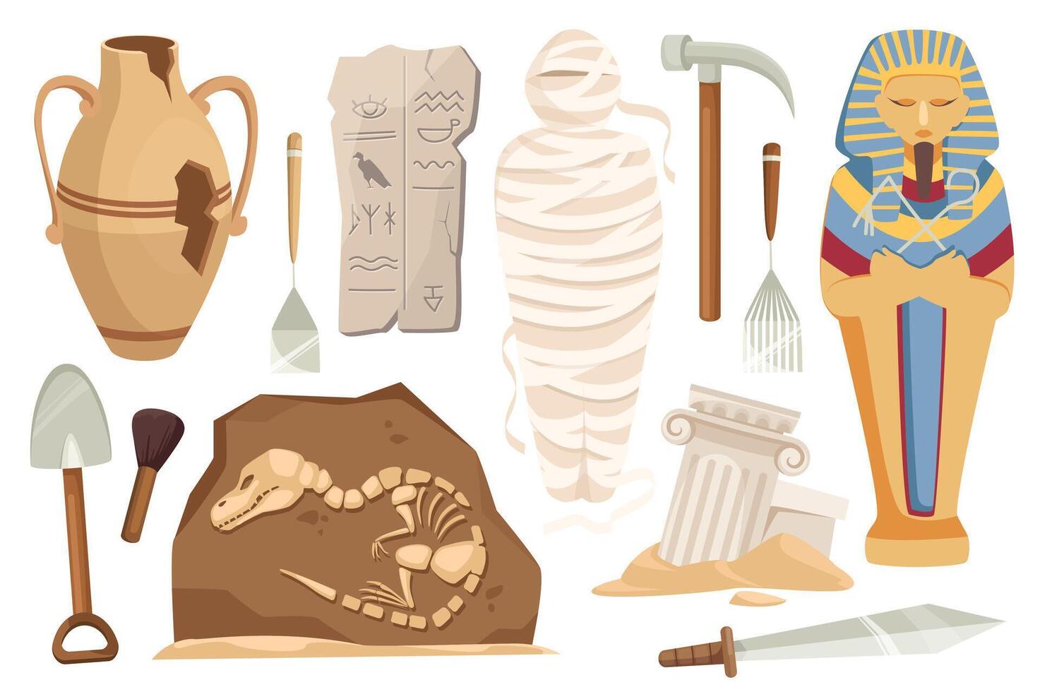 archéologie ensemble graphique éléments dans plat conception. paquet de ancien cassé vase, hiéroglyphes plaque, Momie, sarcophage, dinosaure, pelle, pioche, brosse et autre. vecteur illustration isolé objets