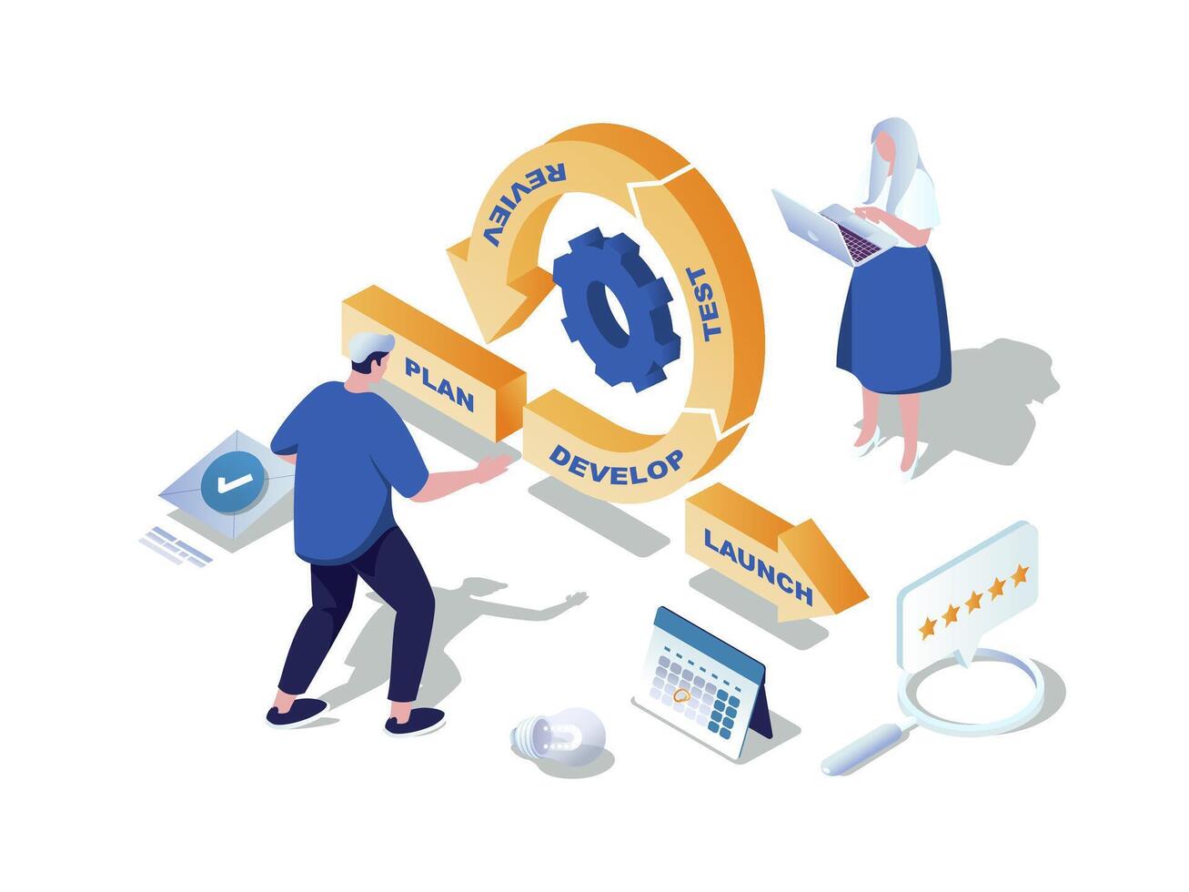 agile développement concept 3d isométrique la toile scène. gens travail avec processus de plan, développer logiciel, test, examen, lancement et autre devops cycle. vecteur illustration dans isométrie graphique conception