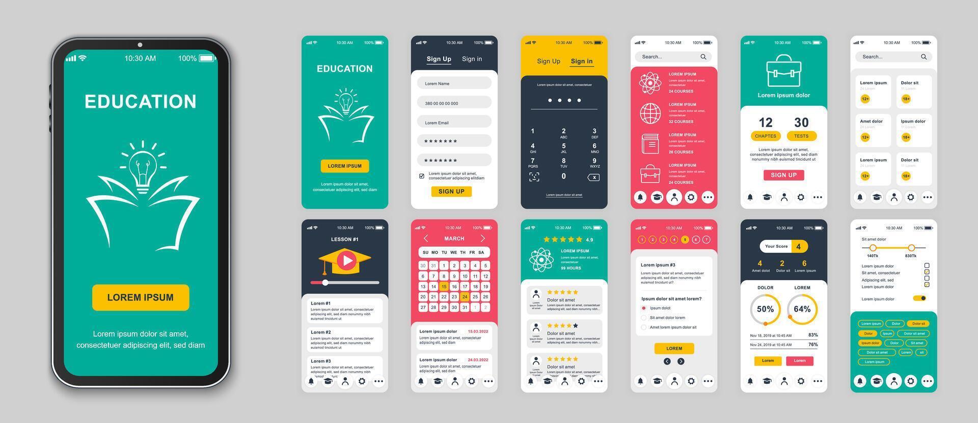 éducation mobile app écrans ensemble pour la toile modèles. pack de connexion, différent cours, le progrès statistiques, calendrier, calendrier, autre maquettes. interface utilisateur, ux, gui utilisateur interface trousse pour mises en page. vecteur conception