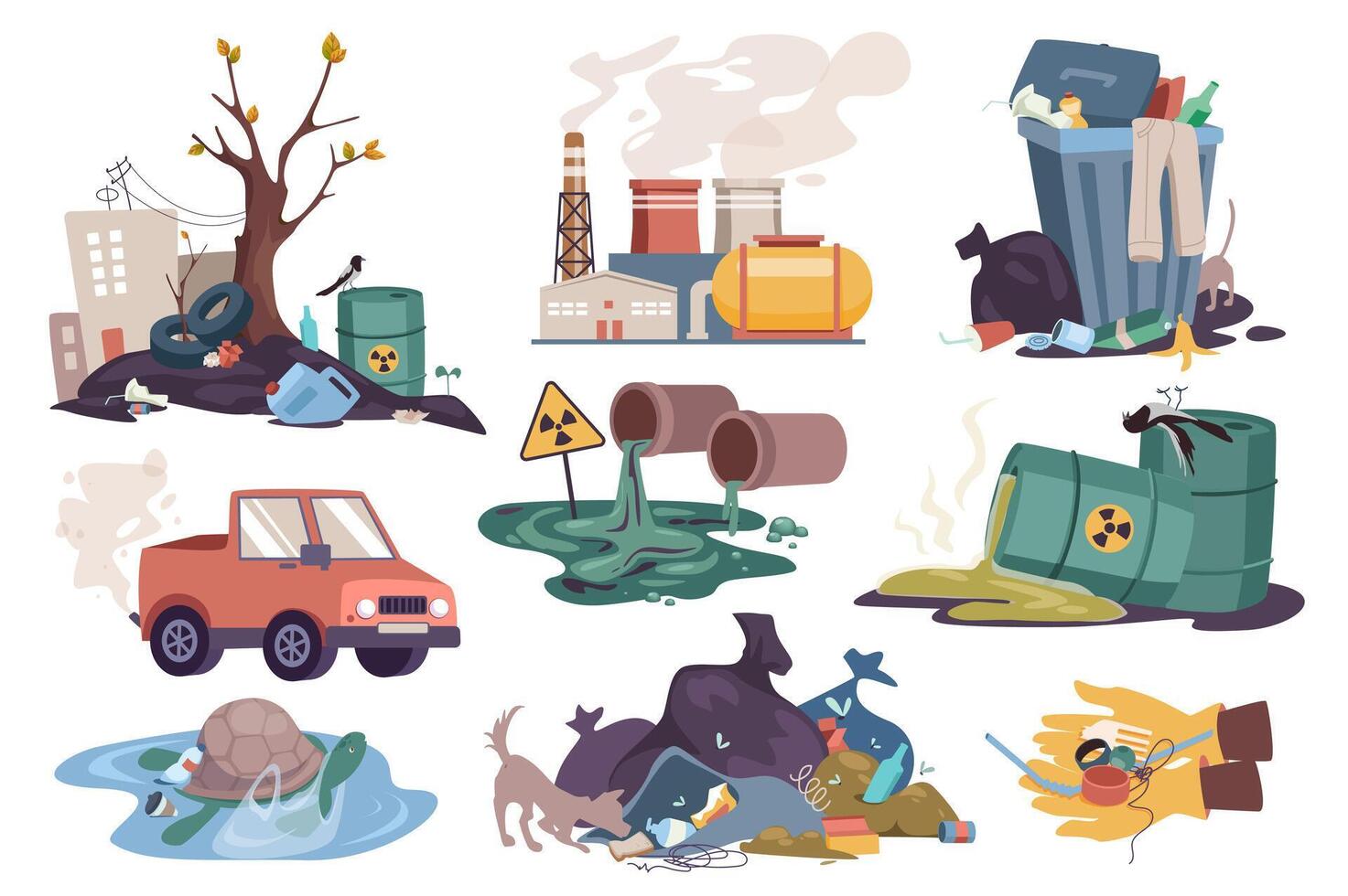 environnement la pollution ensemble graphique éléments dans plat conception. paquet de déverser ordures, usine émissions, poubelle, voiture échappement, toxique déchets dans barils et autre. vecteur illustration isolé objets