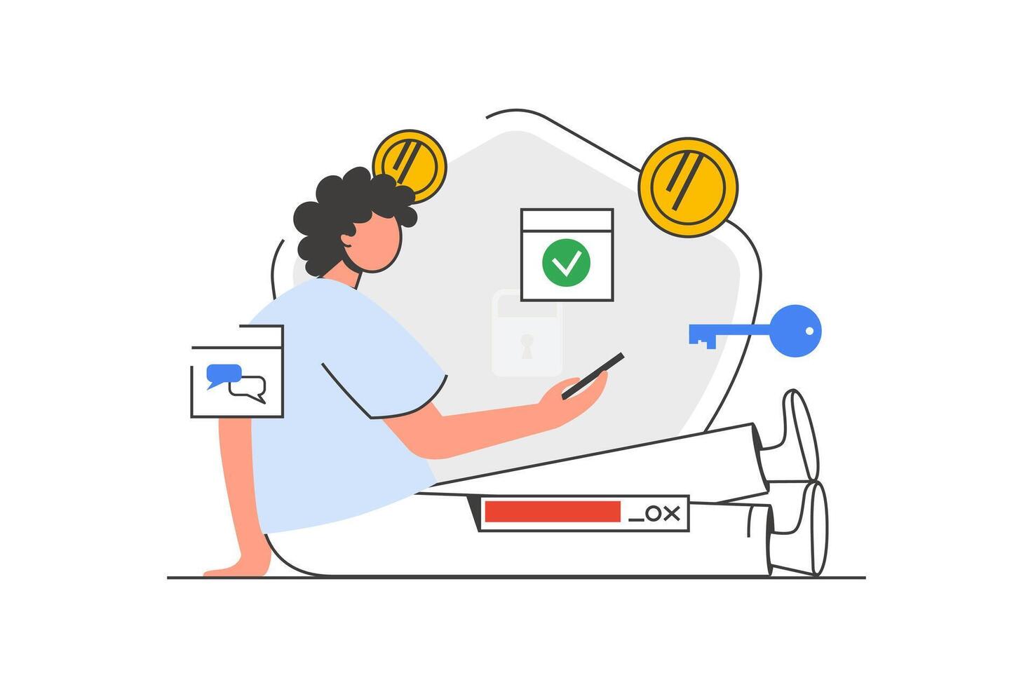 sécurise Paiement contour la toile concept avec personnage scène. homme fait du en ligne Paiement en utilisant mobile banque application. gens situation dans plat ligne conception. vecteur illustration pour social médias commercialisation matériel.