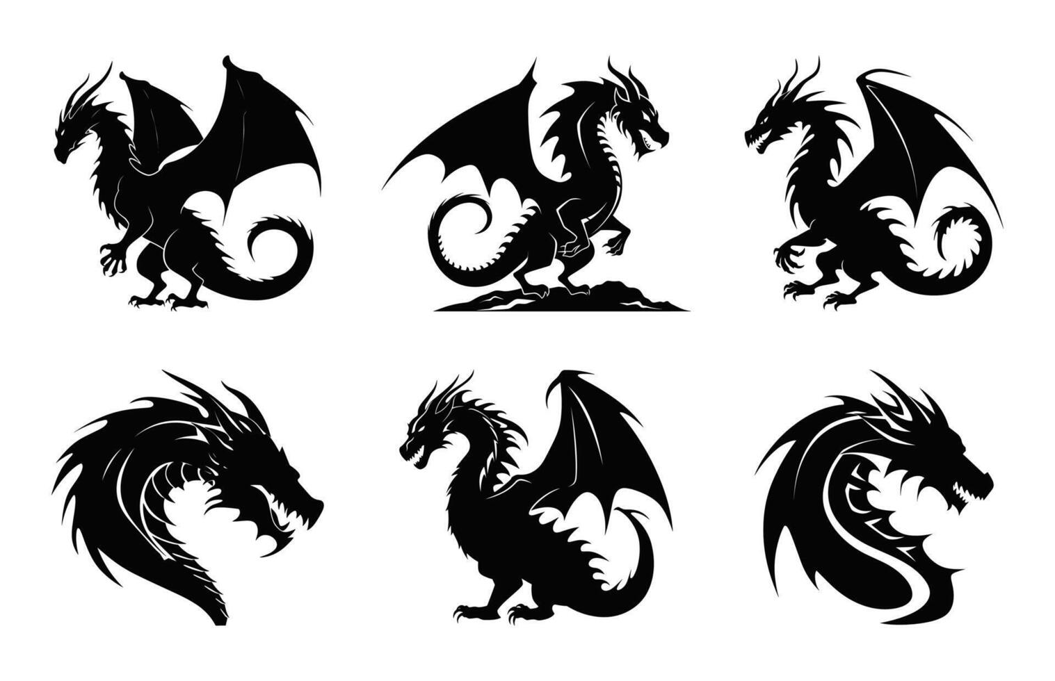 dragon ancien créature mythologie silhouette ensemble, du dragon tête silhouettes noir et blanc vecteur paquet