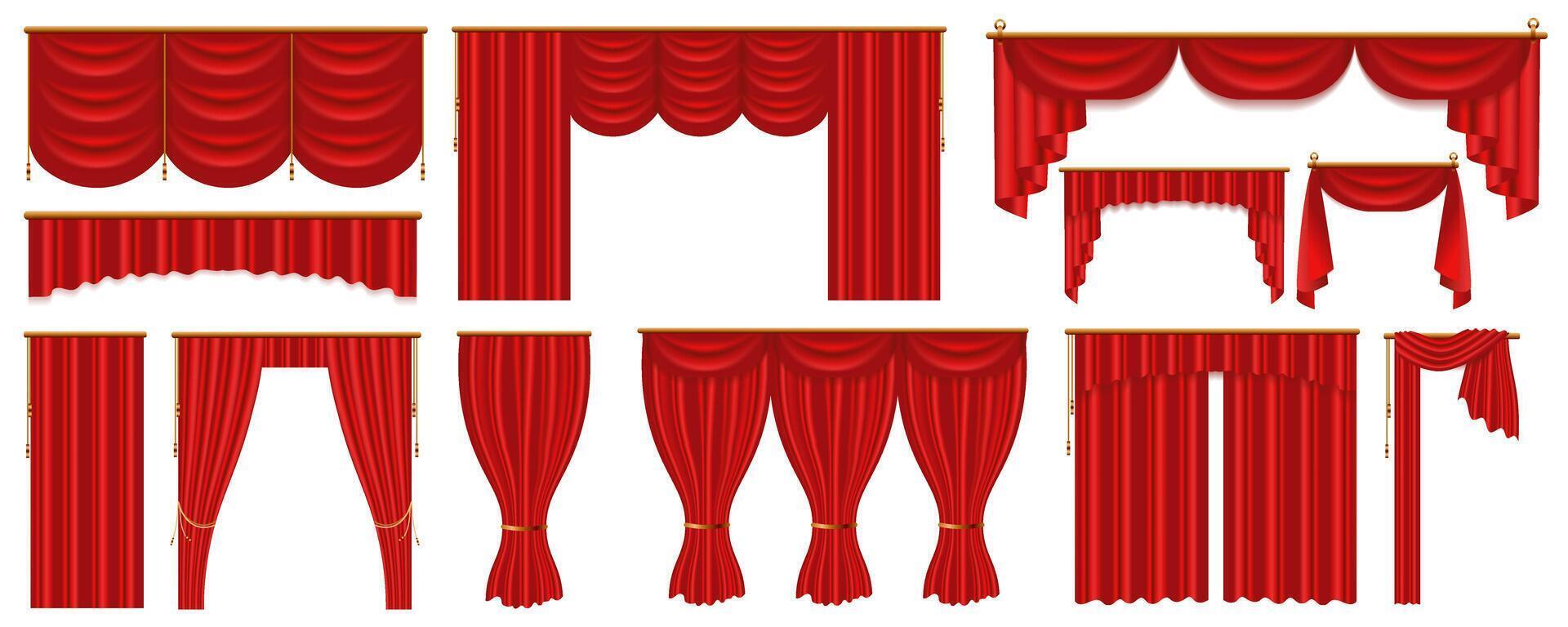 réaliste rouge rideaux méga ensemble dans plat graphique conception. paquet éléments de différent frontière formes de soie draperie intérieur textile pour théâtre étape décoration. vecteur illustration isolé objets