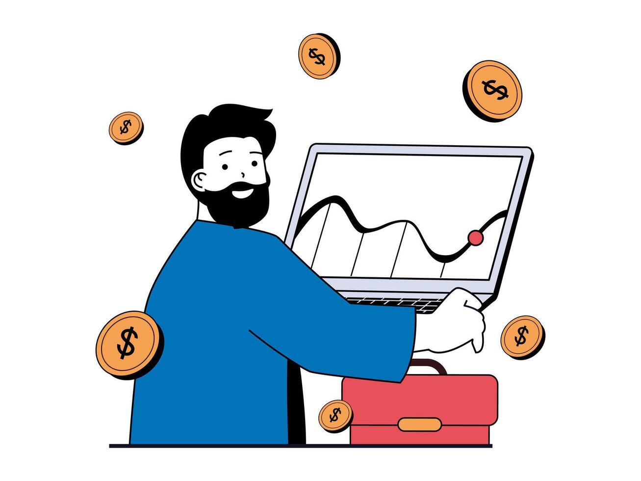 numérique affaires concept avec personnage situation. homme d'affaire développe et améliore entreprise, optimise investissements et analyses données. vecteur des illustrations avec gens scène dans plat conception pour la toile