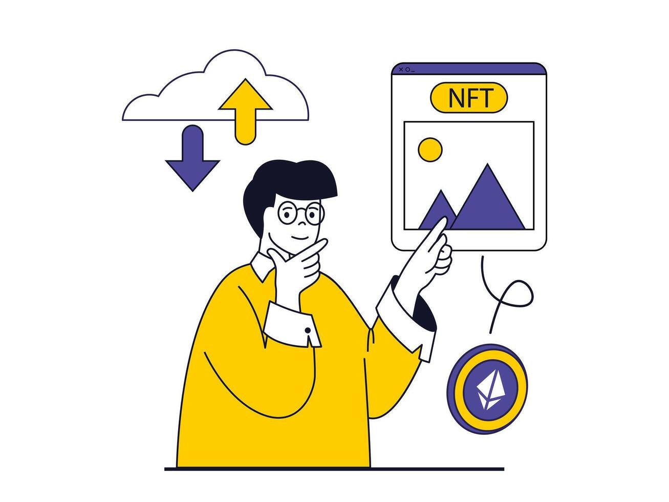 nft jeton concept avec personnage situation. homme investir argent dans numérique art avec nft et fait du transactions avec crypto-monnaies. vecteur illustration avec gens scène dans plat conception pour la toile