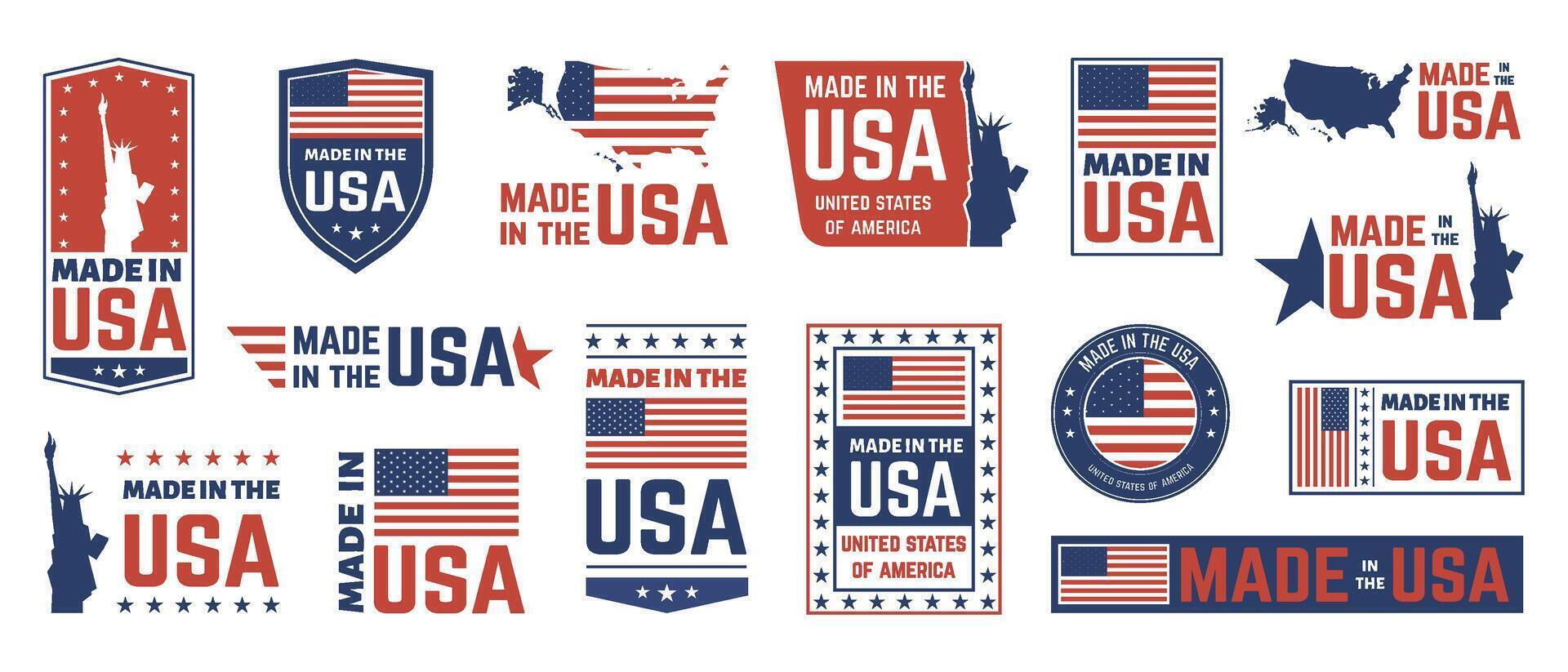 fabriqué dans Etats-Unis étiqueter. américain drapeau emblème, patriote fier nation Étiquettes icône et uni États étiquette timbres vecteur isolé symboles ensemble