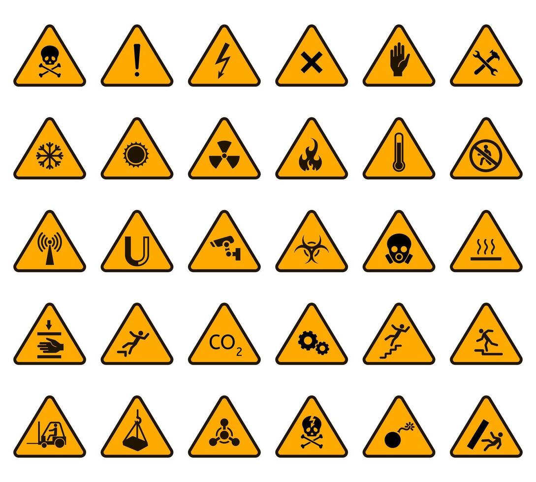 avertissement panneaux. mise en garde attention avertissement Jaune signe, danger haute Tension et Danger biologique panneaux triangulaire vecteur illustration Icônes ensemble