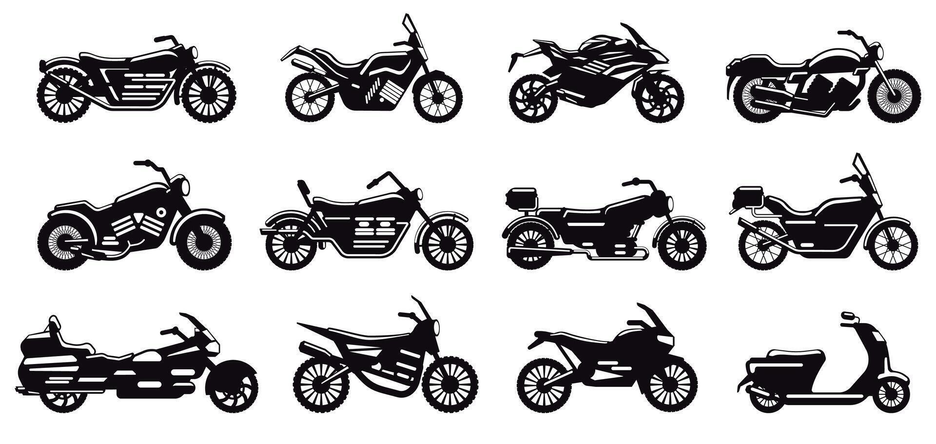 moto véhicule silhouette. moderne la vitesse course vélo, scooter et hachoir côté voir, moto corps silhouette vecteur illustration Icônes ensemble