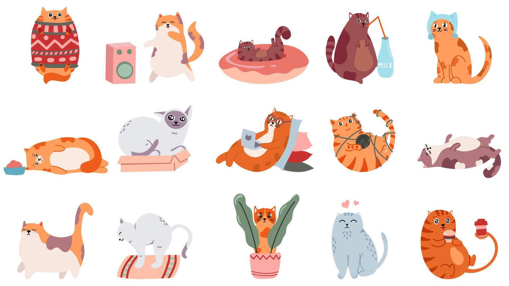 adorable chats. mignonne dansant chat, marrant en colère minou et l'amour chat vecteur illustration ensemble. national animal en buvant café et dormant. bande dessinée graisse animal de compagnie dans chandail, Faire yoga et en mangeant autocollants