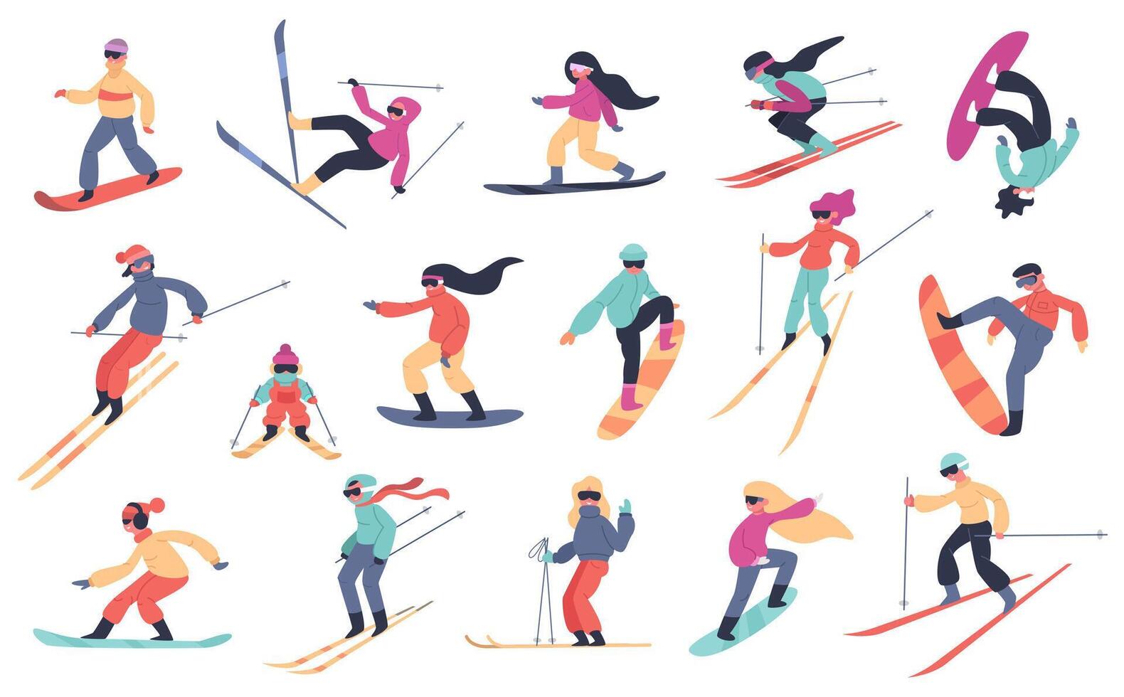 ski planche a neige personnes. hiver sport activités, Jeune gens sur snowboard ou ski, extrême Montagne des sports isolé vecteur illustration ensemble