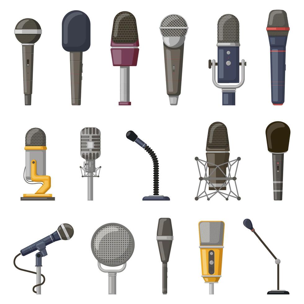 record microphone. l'audio podcast, concert, diffuser ou la musique record studio équipement microphone. du son microphones vecteur illustration ensemble