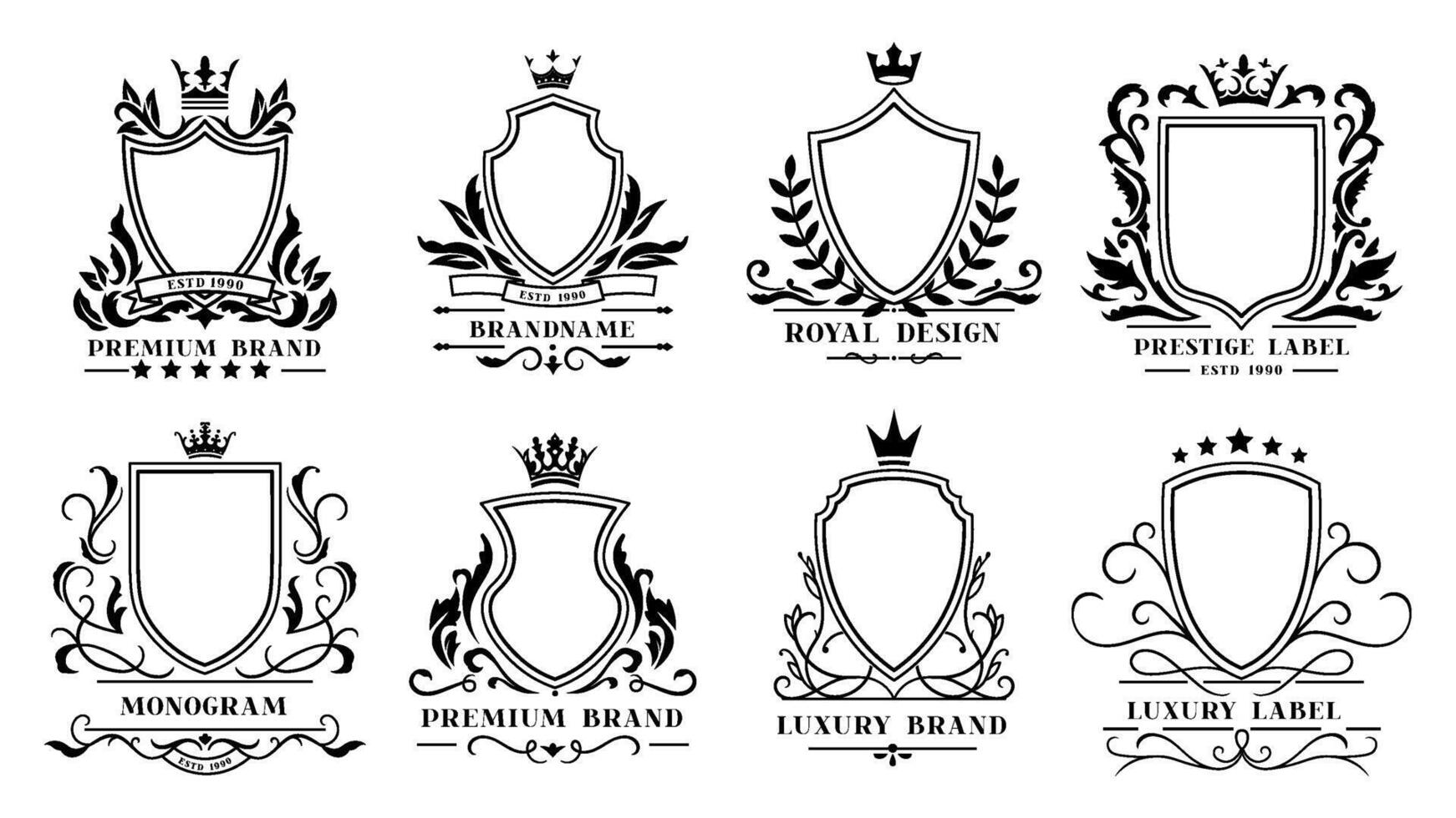 Royal Boucliers insignes. ancien ornemental cadres, décoratif Royal tourbillon héraldique les frontières et luxe filigrane mariage emblèmes isolé vecteur Icônes ensemble