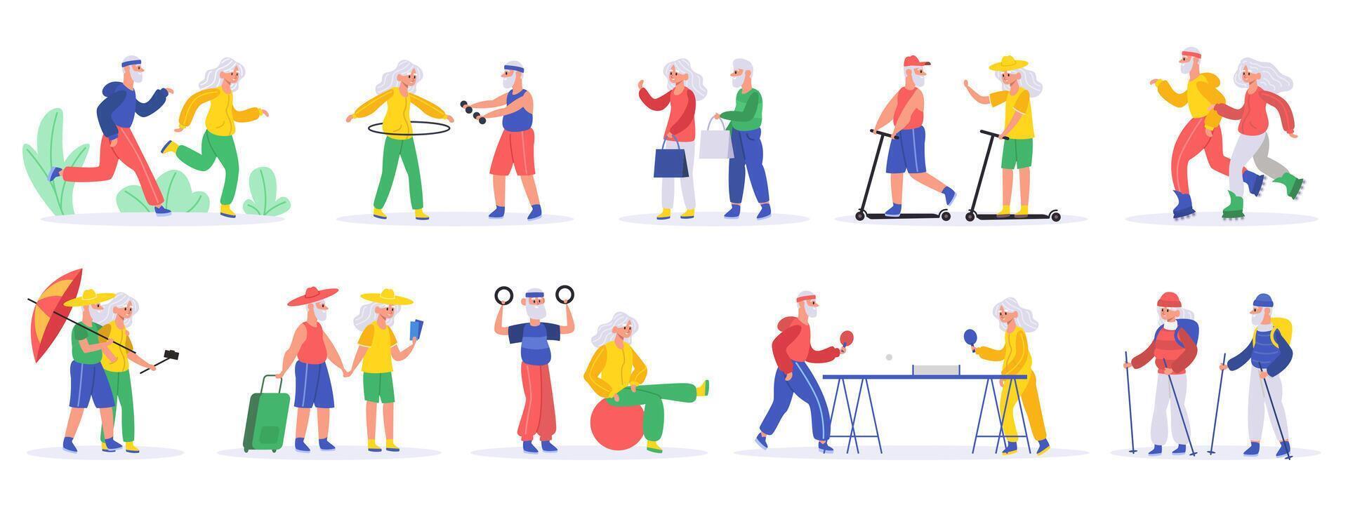 actif personnes âgées personnes. Sénior personnes âgées des couples, grand-père et grand-mère exercice et en voyageant, en bonne santé vieux gens vecteur illustration ensemble