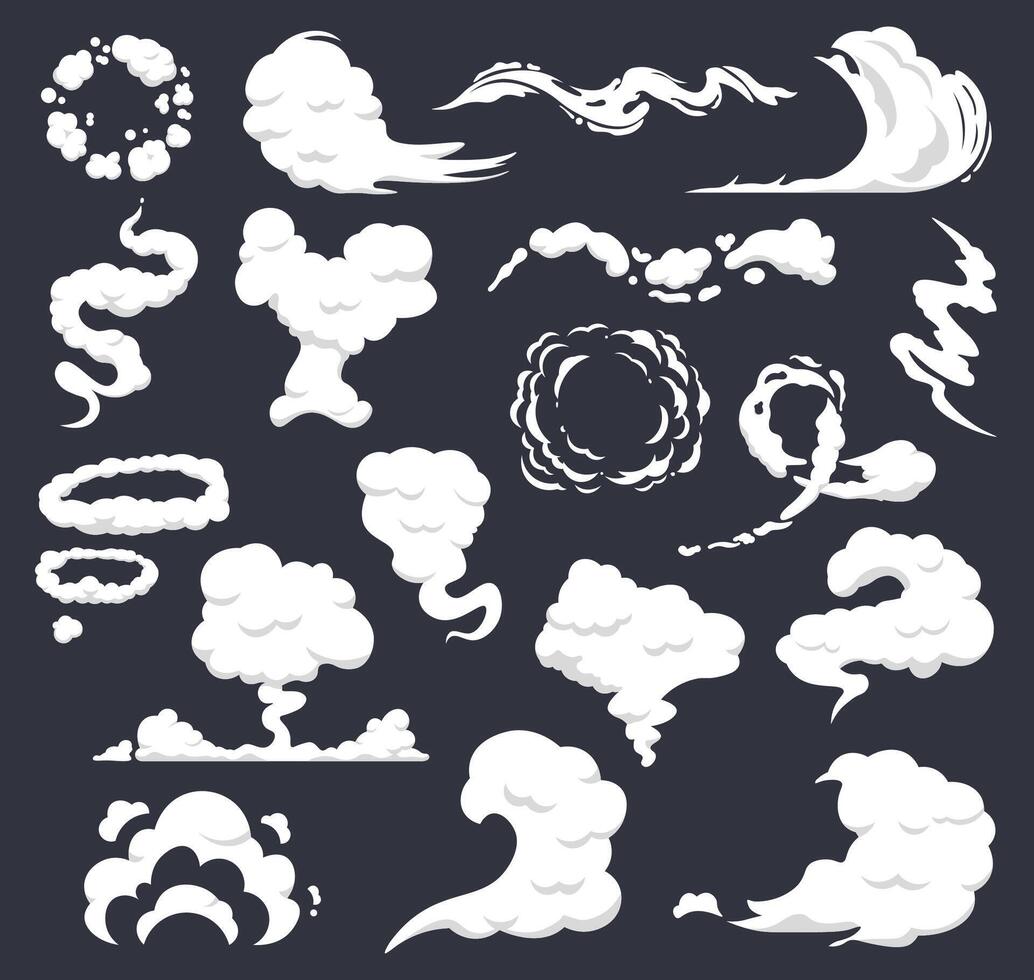 dessin animé fumée. bande dessinée des nuages, fumant fumée les flux, vapeur explosion nuage. poussière, smog et fumée des nuages isolé vecteur Icônes ensemble