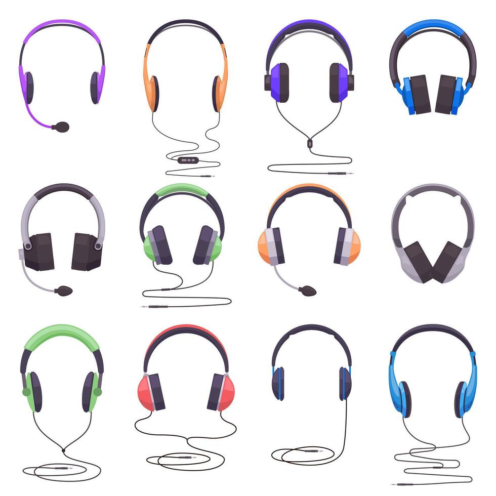 écouteurs équipement. la musique La technologie casque, l'audio coiffures numérique gadget, câblé ou sans fil écouteurs. musical accessoires vecteur des illustrations