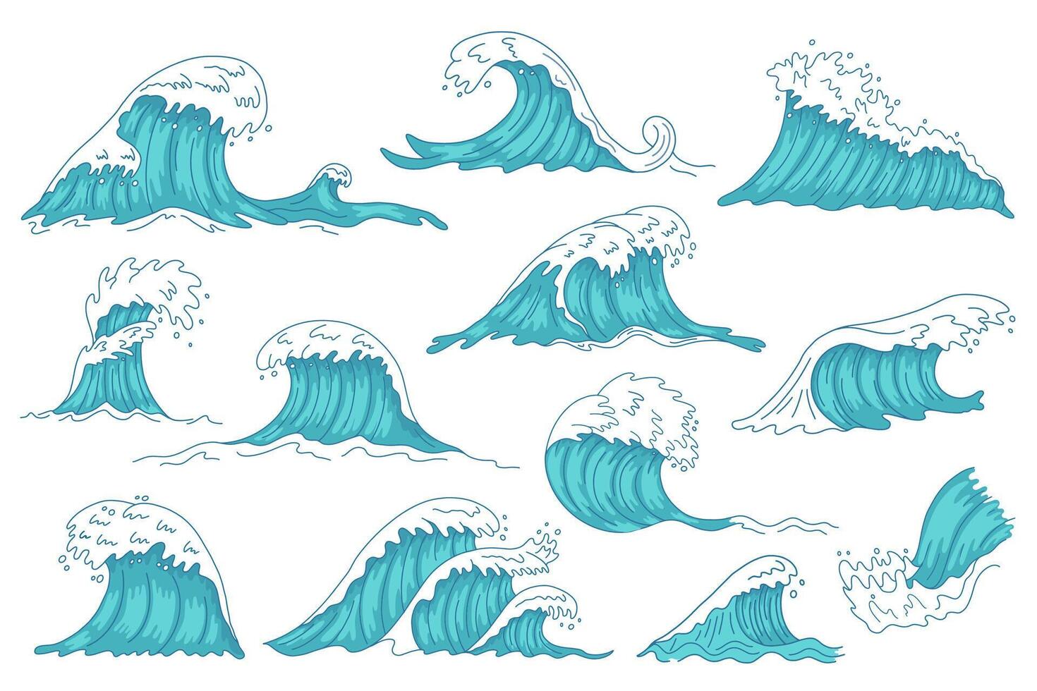 mer vagues. océan main tiré l'eau vague, ancien orage tsunami vagues, rage Marin l'eau arbre isolé vecteur illustration Icônes ensemble