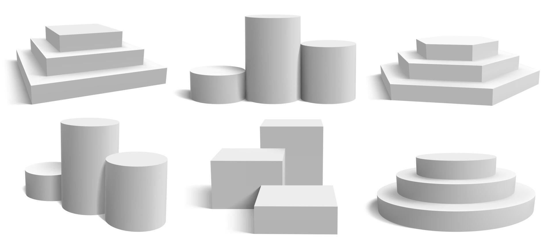 étape podium plates-formes. réaliste blanc carré et rond piédestal, géométrique vide supporter étape vecteur illustration ensemble