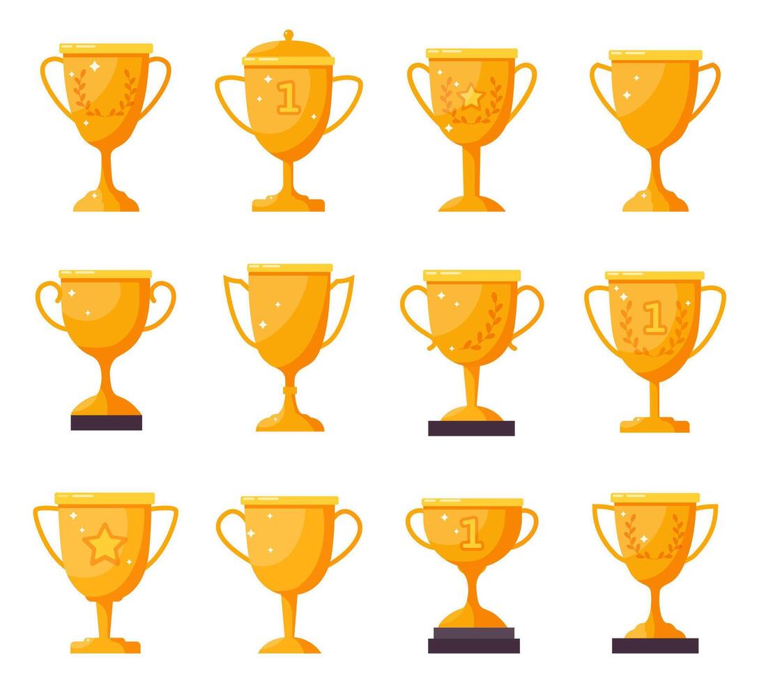 champion d'or tasses. or gagnant trophée gobelets, réussite prix tasses. la victoire d'or trophées et récompenses isolé vecteur des illustrations