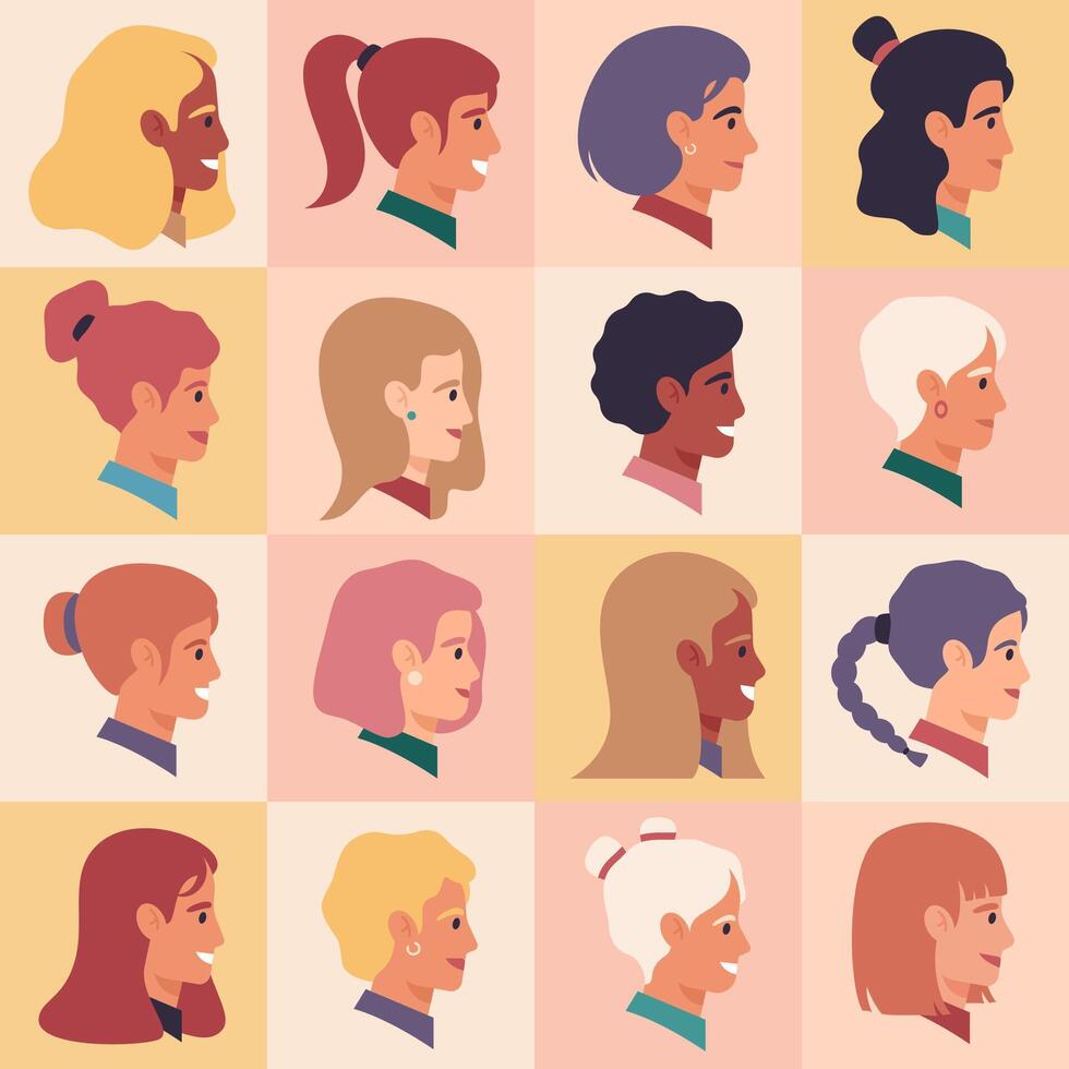 femelle profil visages. femmes des portraits, divers nationalité, brunette, blond, roux femelle personnages. les filles avatars vecteur illustration ensemble