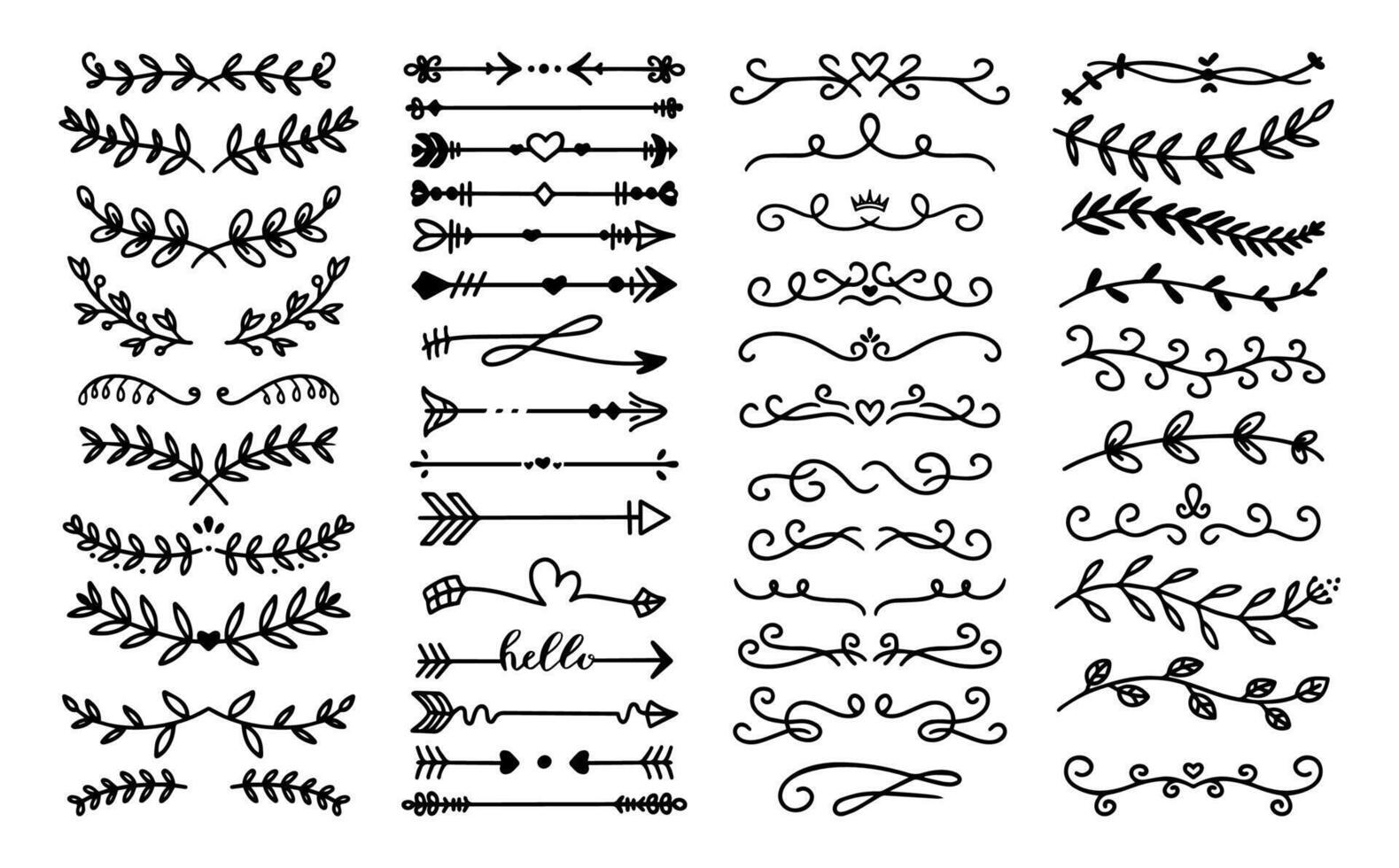 décoratif texte diviseurs. floral ornement frontière, ancien main tiré décorations et fleurir esquisser calligraphique diviseur vecteur ensemble. collection de boucles, virevolte et branches. laurier conception éléments