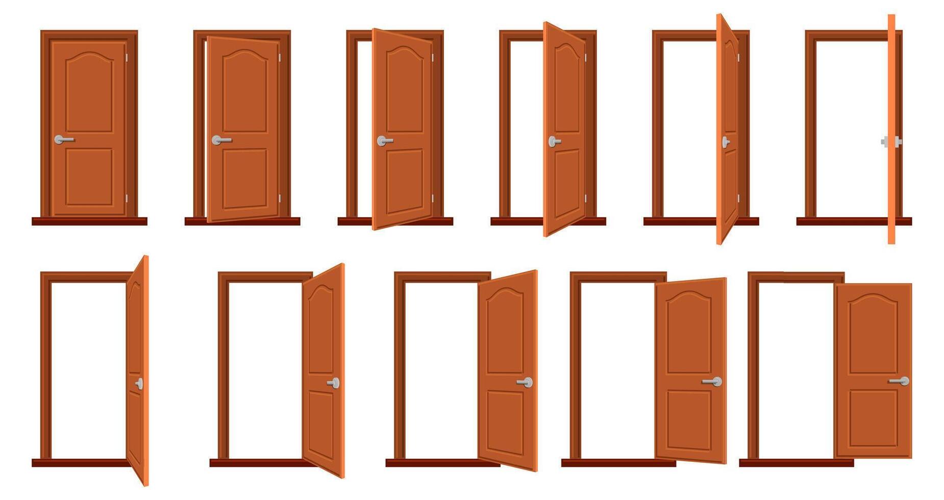 porte animation. ouvert et fermé en bois des portes, lutin animation maison entrée. bois porte dans différent position isolé vecteur illustration ensemble