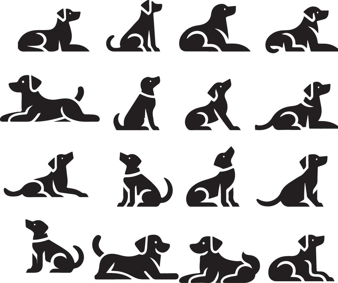 minimal ensemble de une chien allonger vers le bas différent pose vecteur icône dans plat style noir Couleur silhouette, séparé chaque élément, blanc Contexte 3