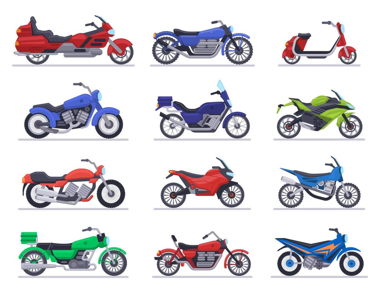 moto des modèles. moto, scooter et la vitesse course vélo, moderne moto Véhicules, hachoirs moteur transport isolé vecteur illustration Icônes ensemble