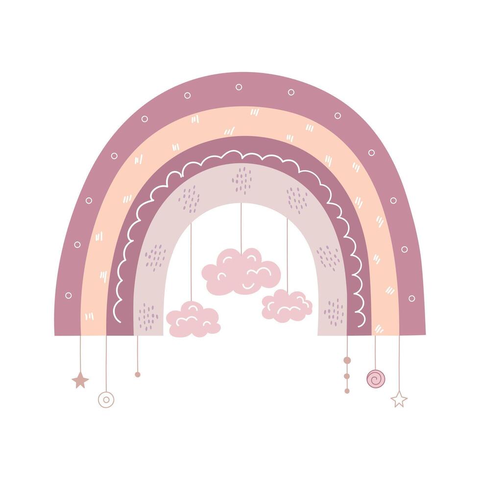 main tiré arc en ciel avec décorations. scandinave arc-en-ciel. mignonne décoration dans pastel couleurs. vecteur illustration