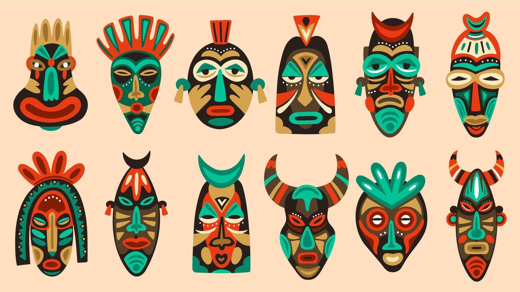 traditionnel tribal masques. rituel africain ou hawaïen traditionnel cérémonial totem, ethnique antique en bois visage masques vecteur illustration ensemble