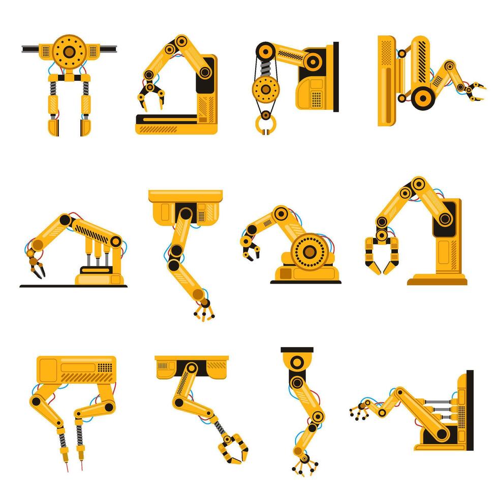 fabrication des robots bras. automatisation équipement, usine des robots bras outils, fabrication mécanique science équipement main vecteur illustration ensemble