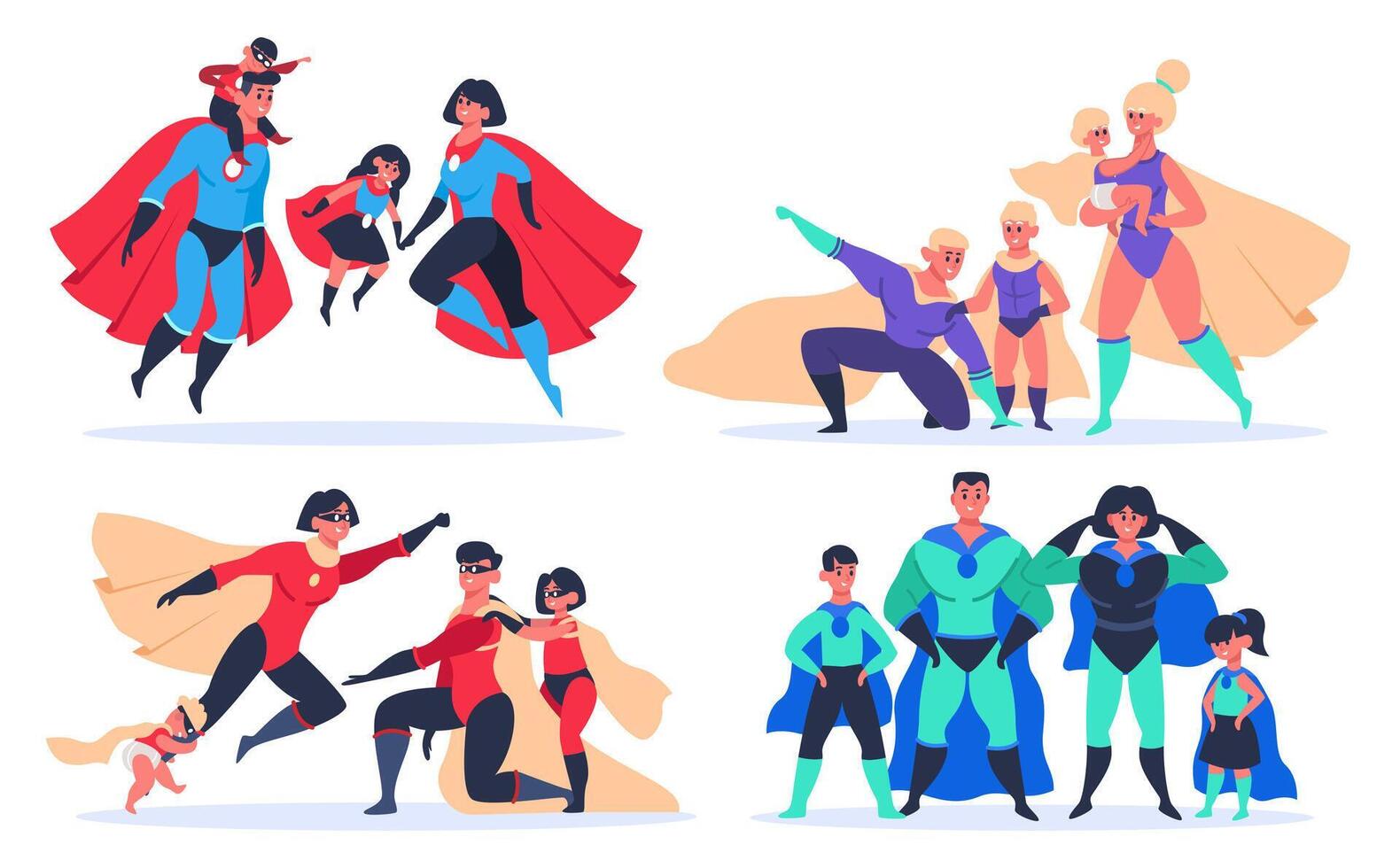 super-héros des familles. merveille papa, maman et enfants, super héros personnages dans super-héros masque et manteau costumes isolé vecteur illustration ensemble