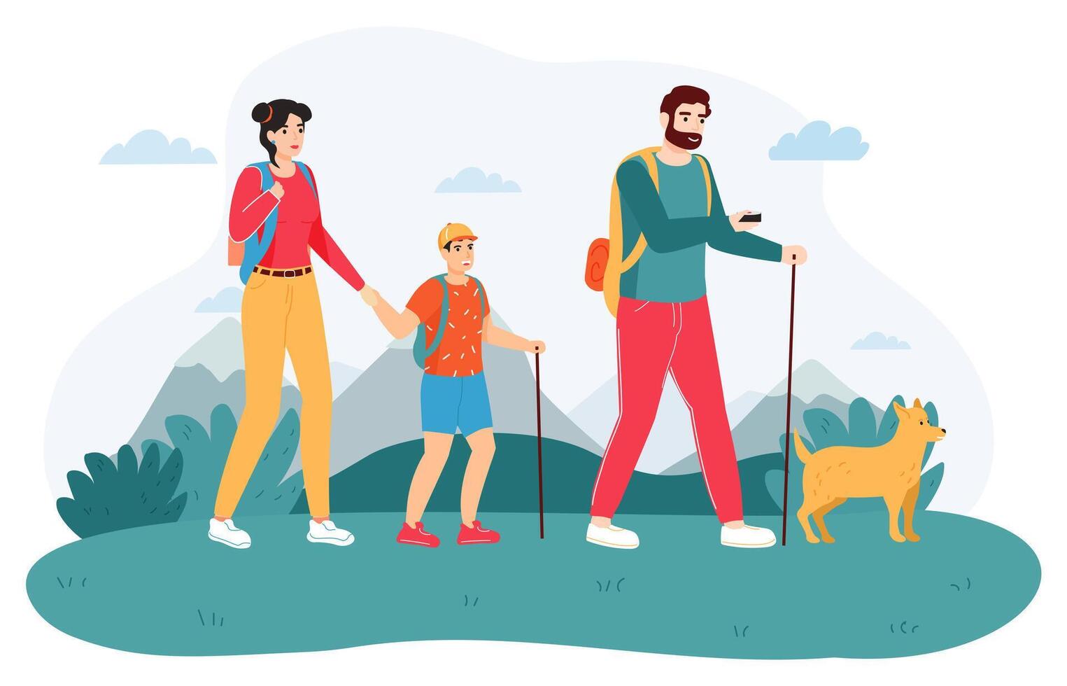 famille Extérieur voyage. content randonnée famille, actif aventure tourisme, actif touristes, Voyage trekking famille avec enfant vecteur Contexte illustration