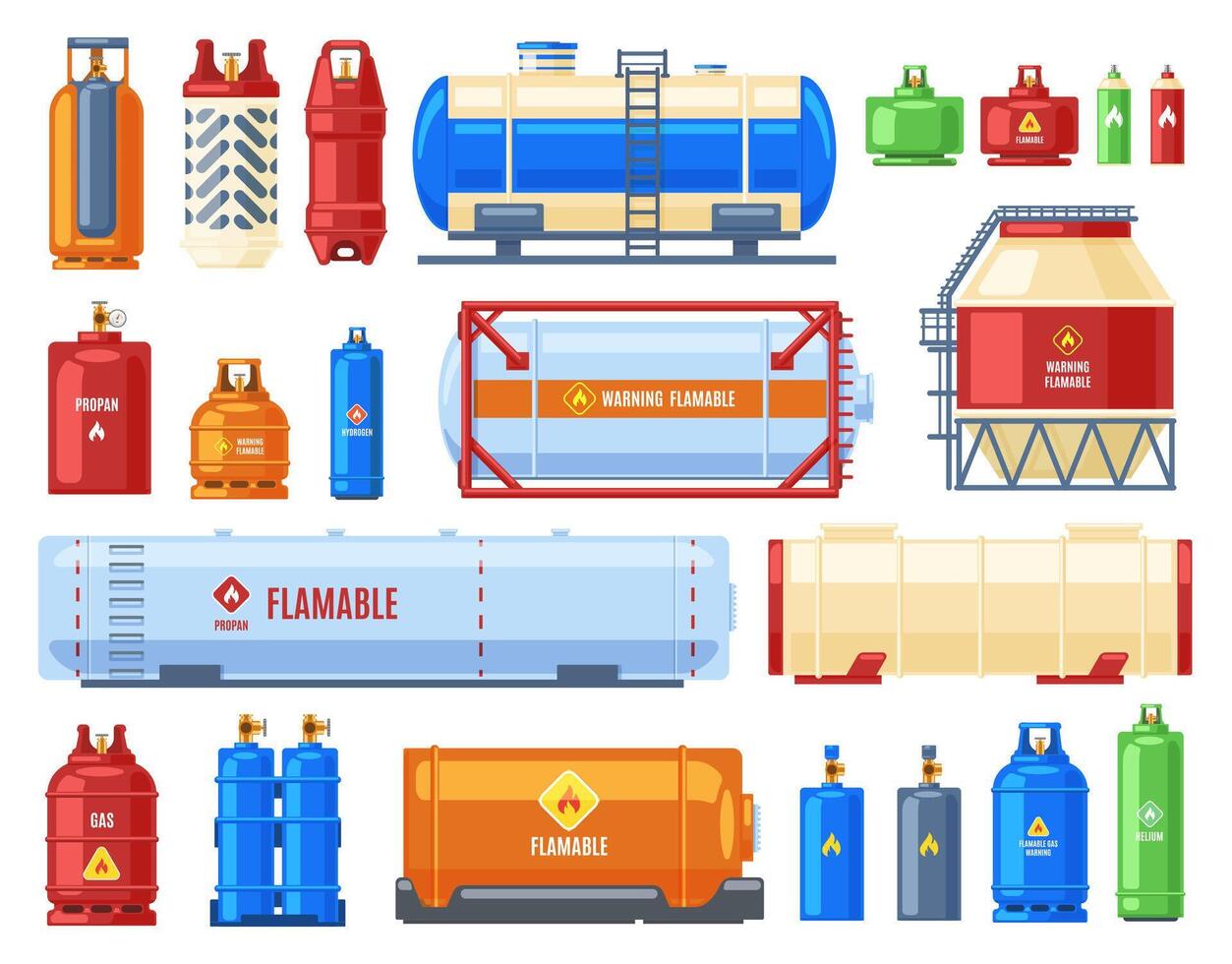 dangereux gaz conteneurs. gaz acier cylindre et réservoir, butane, oxygène ou hélium métal conteneurs, inflammable gaz cylindres vecteur illustration ensemble