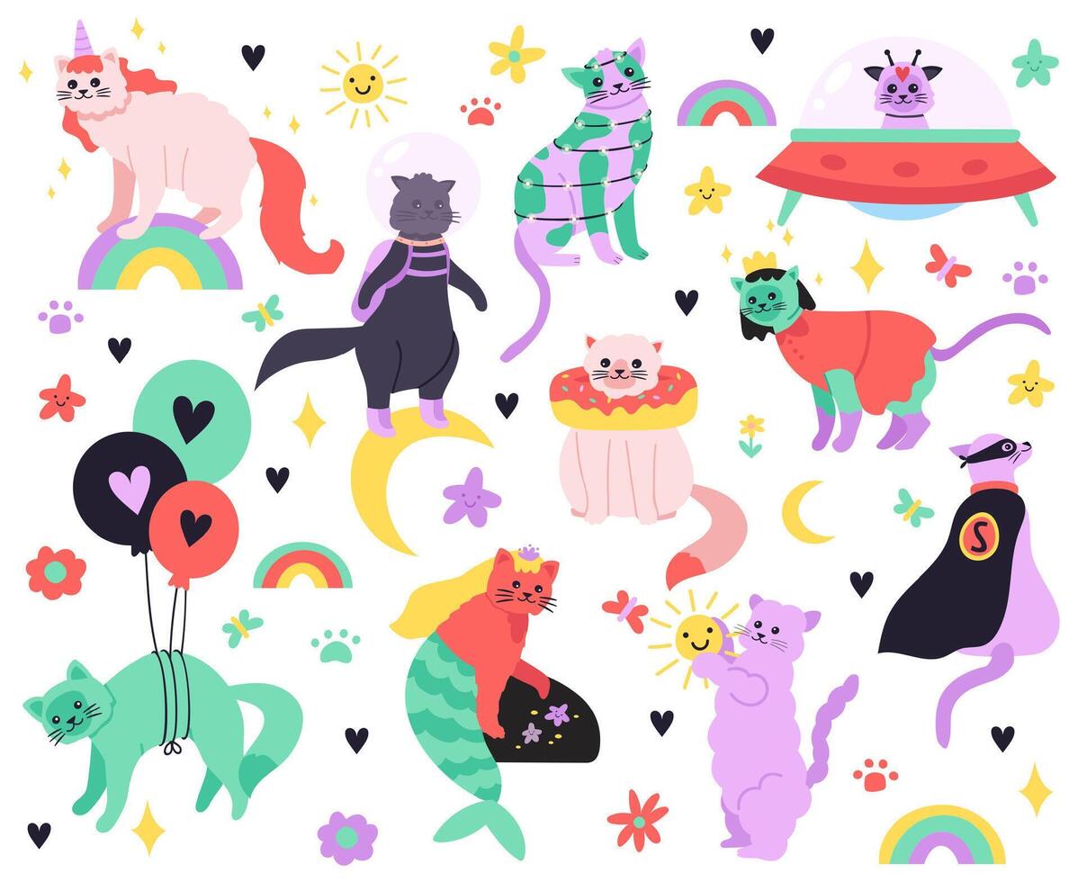 marrant dessin animé chats. minou sirène, Licorne, super-héros, astronaute et extraterrestre personnages, coloré mignonne Fée chats isolé illustration Icônes ensemble vecteur