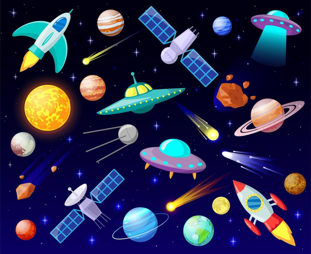 dessin animé ouvert espace. planètes, cosmique céleste corps, fusées, vaisseaux spatiaux et OVNI, astronomie étoiles, vaisseaux spatiaux vecteur illustration ensemble