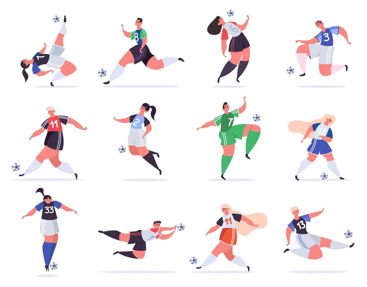 sport Football personnes. football Masculin et femelle personnages, Football gens coups de pied balle, professionnel des sportifs vecteur illustration ensemble