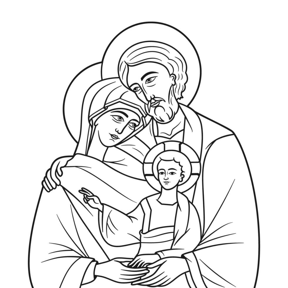 saint famille de Nazareth grec byzantin icône style vecteur illustration contour monochrome