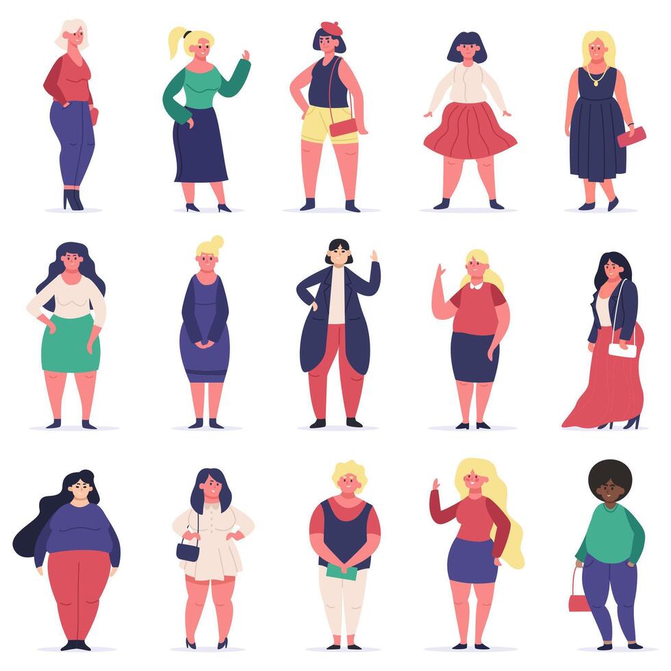 plus Taille magnifique femmes. multiracial corps positif femelle à la mode personnages, courbée en surpoids filles. corps positif vecteur illustration ensemble