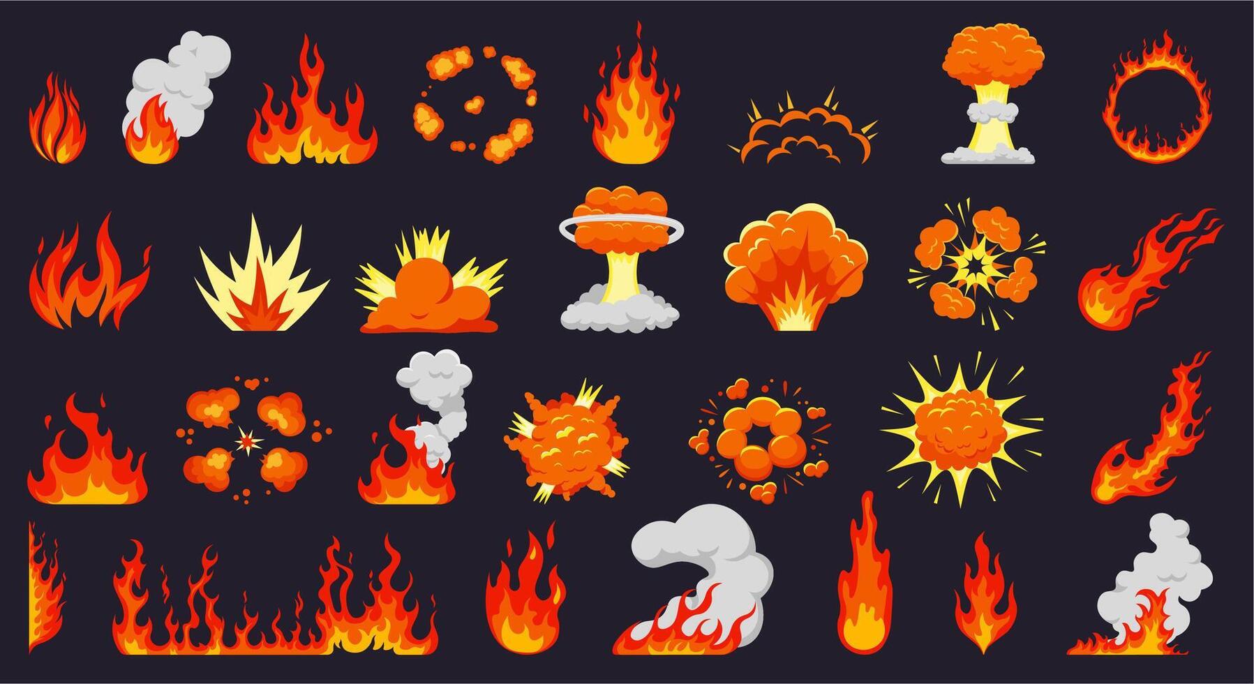 dessin animé Feu explosions. Feu flammes, chaud feu de camp, explosif bombe des nuages, flamboyant exploser. flamme silhouettes isolé vecteur illustration ensemble