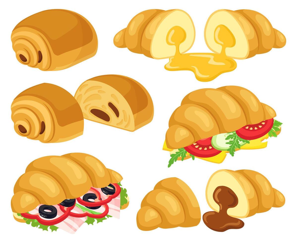 dessin animé croissant. cuit croissant avec chocolat, caramel, fromage et jambon croissant sandwichs. petit déjeuner boulangerie croissant vecteur des illustrations